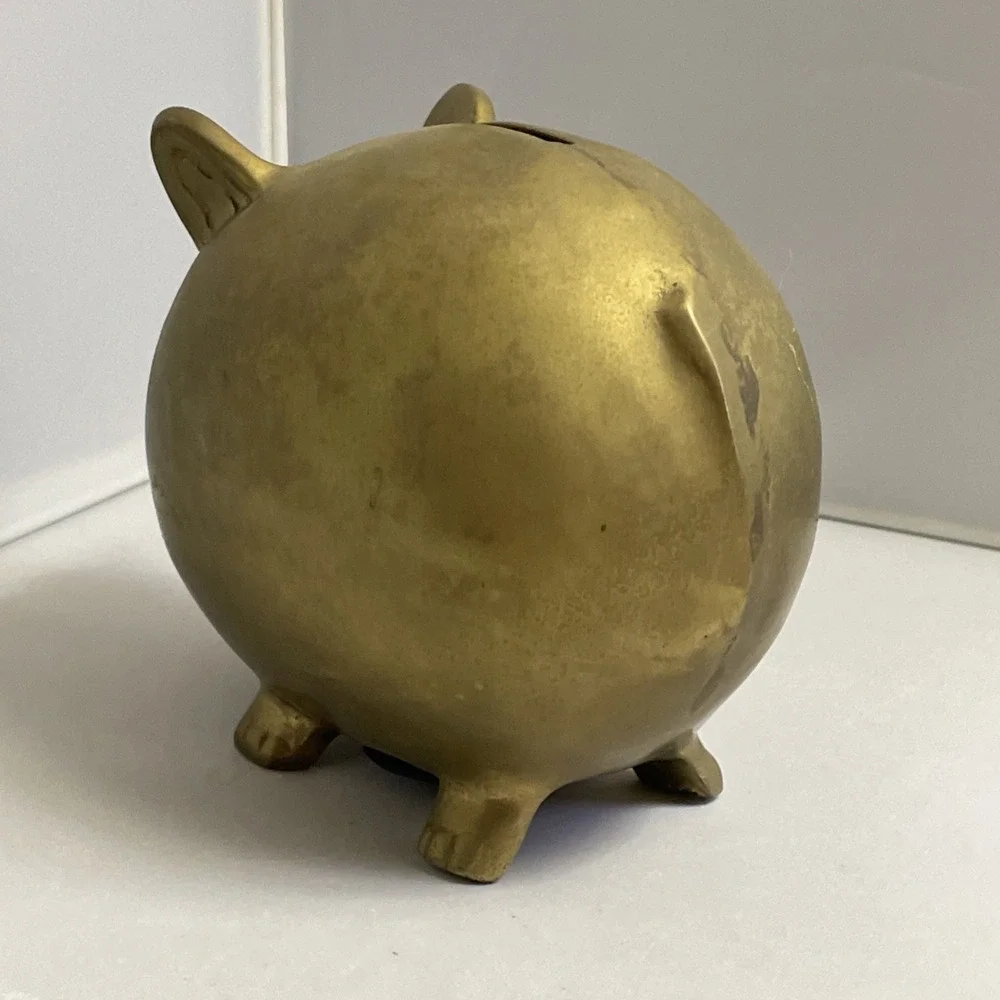 Vintage Solid Brass Chubby Pig Piggy‎ Bank Heavy Adorable 5
